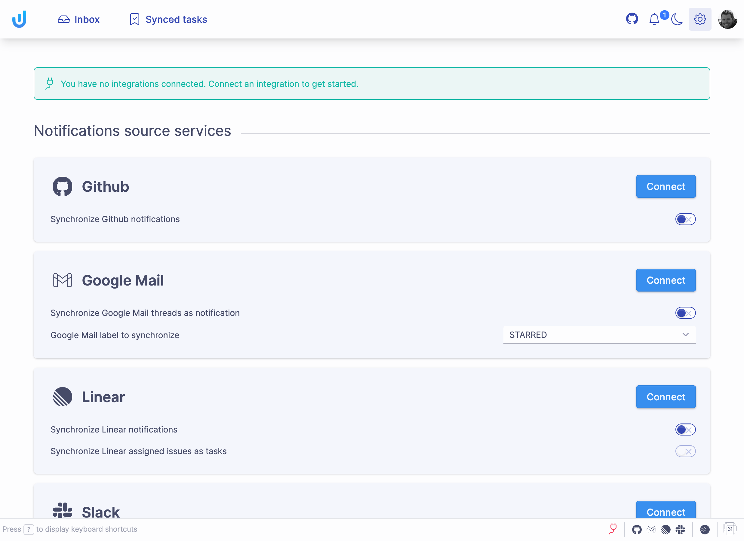 The settings screen